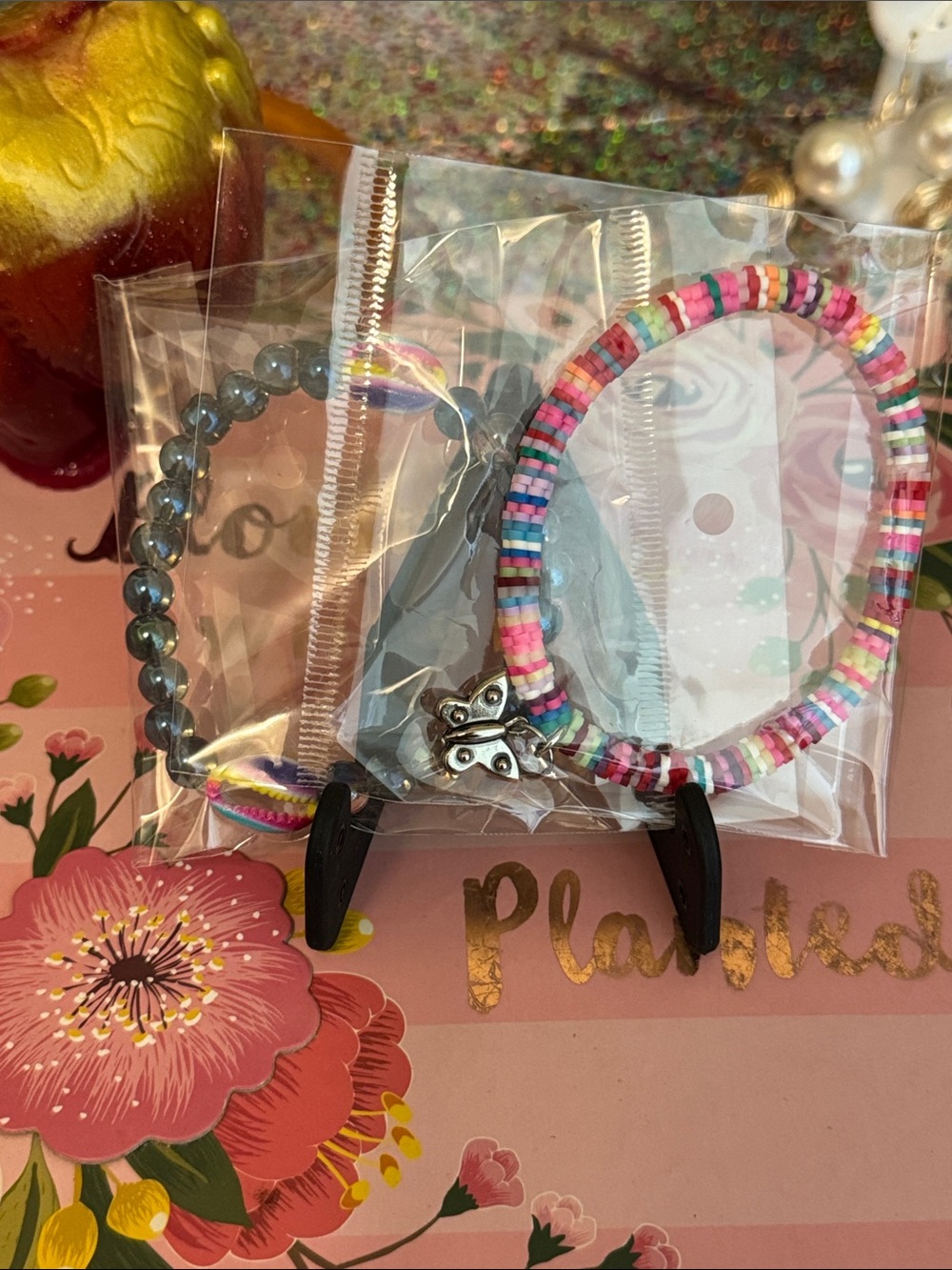Boho Multicolor Beaded Charm Bracelet - Pink Mix